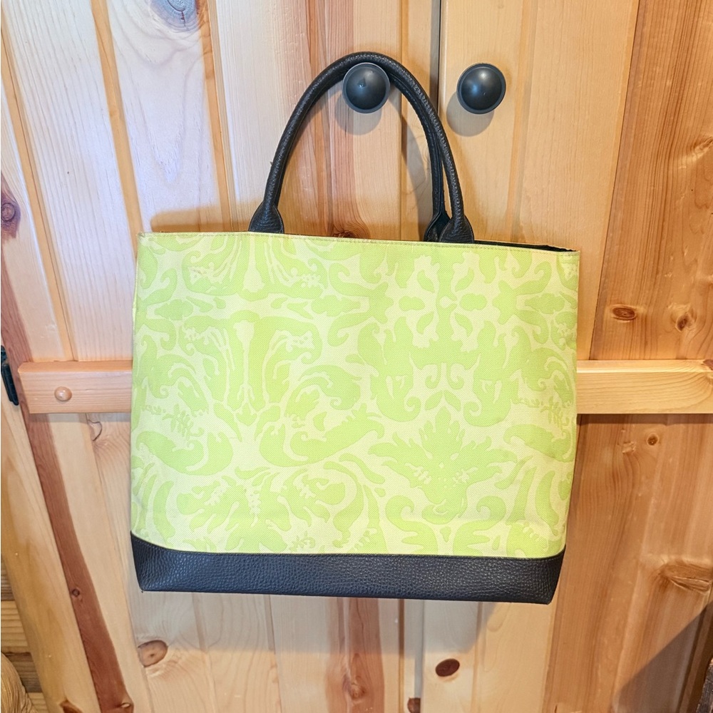 Estee Lauder Lime Green Patterned Tote with Brown Trim